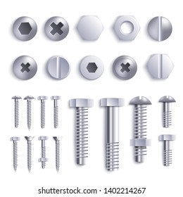 Set of metal bolts and self-tappings and screws and heads realistic style, vector illustration isolated on white background. Stainless steel construction fasteners collection with nuts