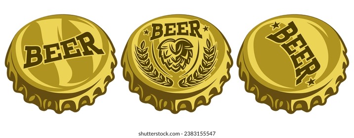 A set of metal bottle caps with beer-themed inscriptions. Color vector illustration. Template or element for design.