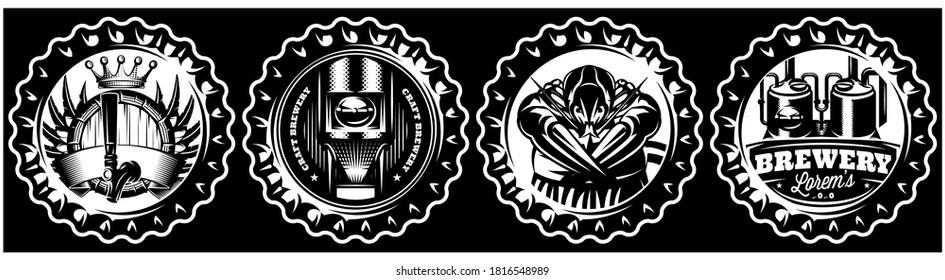 Set of metal bottle caps with designs with Beer theme. Vector monochrome illustration.