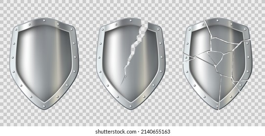 Set of metal broken shields with crack. Template isolated on transparent background. Vector icon.