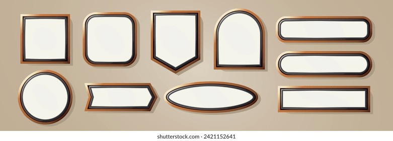 A set of metal, bronze 3d frames of different shapes (oval, square, circle). Templates for game and website menu designs. A light empty background. Metallic glow, simple vector design