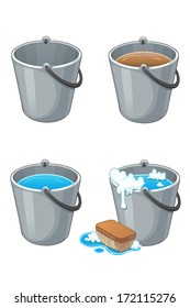 Set of metal buckets with water on white. Full and empty buckets for cleaning