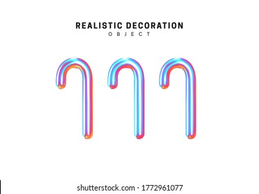 Set Metal cane. Realistic 3d shape. objects with gradient holographic color of hologram. Geometric decorative design elements isolated white background. vector illustration.