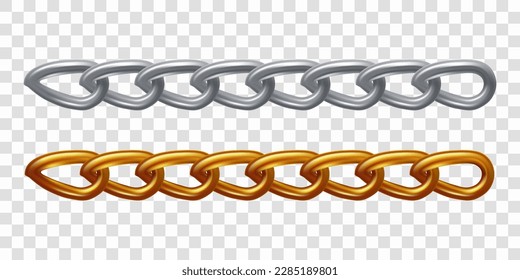 Set of metal chain links, isolated on transparent background. Realistic vector illustration. 