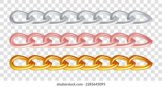 Set of metal chain links, isolated on transparent background. Realistic vector illustration. 