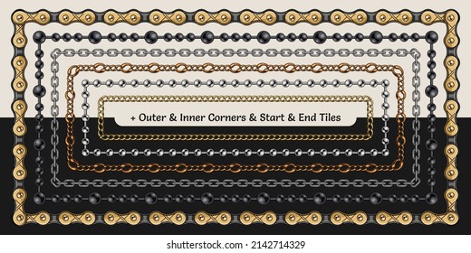 Set of metal chain pattern brushes with corners, end and start tiles in vintage style. Isolated on white and black background.