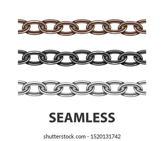 Set metal chain seamless texture. Silver color chains link isolated on white background. Rust iron chainlet solid three dimensional collection.