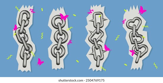 Set of metal chains with color halftone effect. Y2k retro decorative elements for design. Vector illustration.