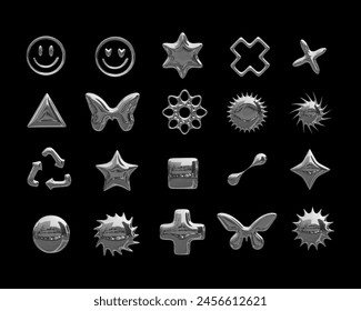 Set of metal chrome 3D elements. Silver Realistic Y2K Style Symbols. Item Set. Iron 3D Figures. Metal realistic shapes in the form of emoticons, stars, crosses and butterflies