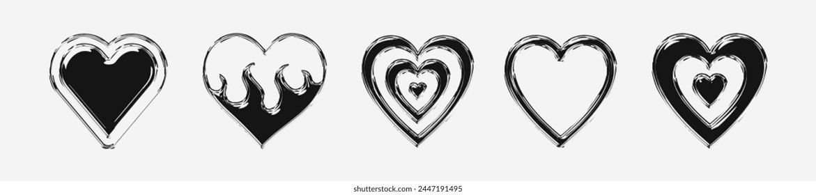 Set Of Metal Chrome Heart Icons. Collection Of Cool Y2k Love Signs.