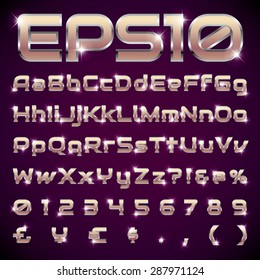 Set of metal chrome letters and numbers . ( vector font for logo, Poster, Invitation)