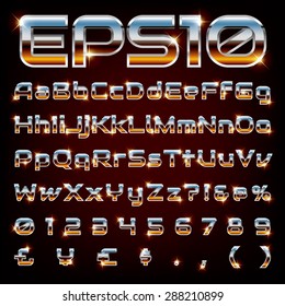 Set Of Metal Chrome Letters And Numbers . ( Vector Font For Logo, Poster, Invitation)