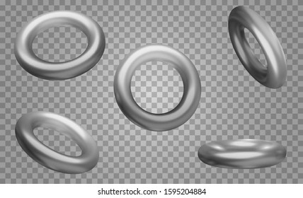Set of metal circles in different view isolated on transparent background. Realistic geometric elements for design projects. Bright vector minimalistic concept. Colorful illustration.