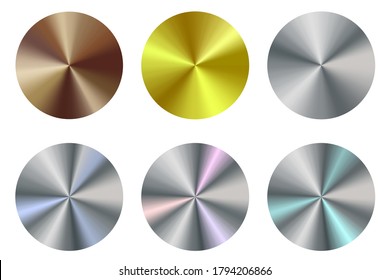Set of metal circles. Steel buttons. Brushed textures of gold, silver and bronze. Radial metal shapes. Vector image.