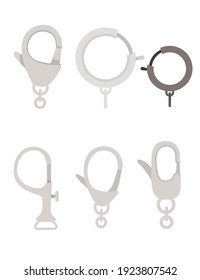 Set of metal climbing carabiners and claw clasps alpine climbing equipment flat vector illustration isolated on white background