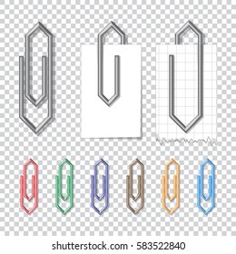 Set of metal and color clips with paper on transparent background.
