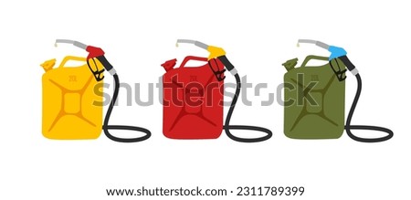 Set of metal colored canisters with a efueling gun. Flat modern graphics for gas station advertising concepts.