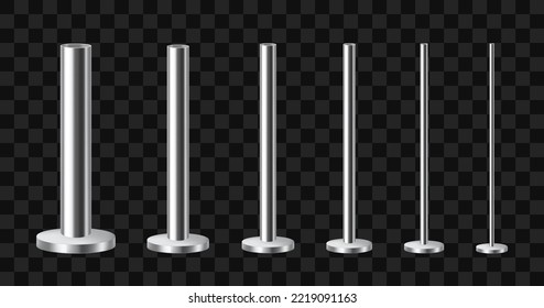 Set of metal columns. Steel, aluminum or stainless steel poles on a round base. Realistic vector illustration isolated on transparent background.