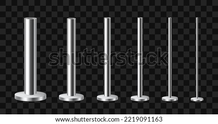 Set of metal columns. Steel, aluminum or stainless steel poles on a round base. Realistic vector illustration isolated on transparent background.