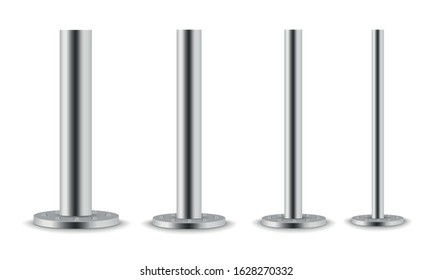 Set of metal columns.The steel element of the truss beam.Metal pole posts,steel pipes of various diameters installed are bolted on a round base isolated on a transparent background.Vector illustration