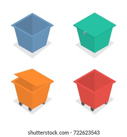 Set of metal container for garbage of different shapes, isolated on white background. Flat 3d isometric style, vector illustration.