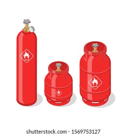 Set Of Metal Containers Or Cylinders With Liquefied Compressed Natural Gases. Gas Tanks Balloons Of Various Size Isolated On White Background. Isometric Vector Illustration.