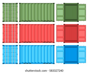 Set of metal containers for the shipping and transportation of goods. Open Cargo boxes. Flat style. Different colors. Isolated on white background. Vector graphic illustration.