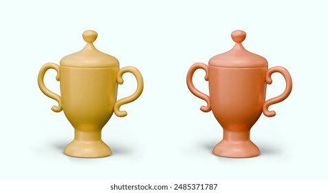 Set of metal cups of different colors. Gold and copper trophy. Bowl with lid and two handles