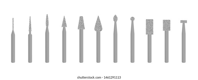 Set metal cutters for grinding and polishing in manicure and pedicure. Different forms of drill with abrasive grain. Vector illustration