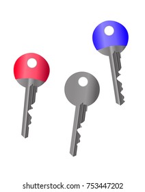set of metal cylindrical keys red blue and silver vector illustration on white