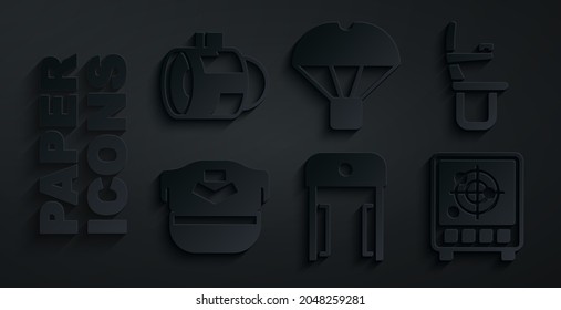 Set Metal detector in airport, Airplane seat, Pilot hat, Radar with targets on monitor, Box flying parachute and Jet engine turbine icon. Vector