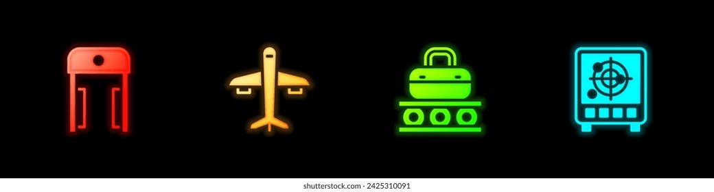 Set Metal detector in airport, Plane, Conveyor belt with suitcase and Radar targets monitor icon. Vector
