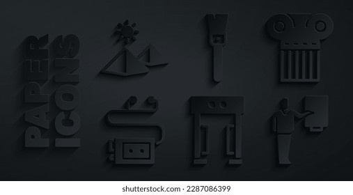Set Metal detector, Ancient column, Museum audio guide, Paint brush and Egypt pyramids icon. Vector