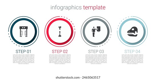 Set Metal detector, Human broken bone, Museum guide and Dinosaur skull. Business infographic template. Vector