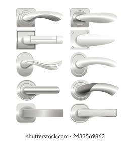 Set of Metal door handles for room interior in office or home door knob collection, Metal door handles for room interior in office or home, furniture for doorways, isolated on white background.