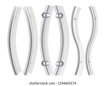 A set of metal door handles. Vertical pair of silver color pens. For twin doors. Realistic. Isolated on white background. Vector illustration.
