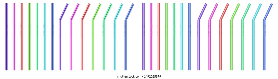 Set of metal drinking straws. Glossy texture.  Ecological material. Straight and curved reusable cocktail straws. Made of metal. Stainless steel. Brilliant, bright color. Vector illustration