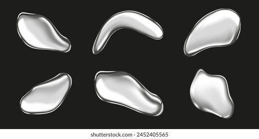 Set of metal drops realistically isolated on a black background. Silver ball, chrome sphere, liquid metal. Spherical 3D spheres. Precious stone. Vector illustration for your design and business eps10