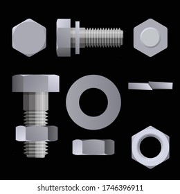 Set of metal fasteners. Bolted connection. Hex steel bolts, nuts, washers. Vector illustration isolated on black background in realistic style