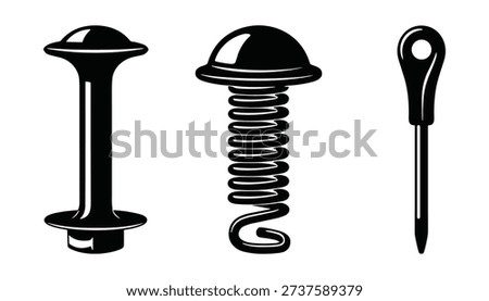 Set of metal fasteners including screws and eye bolt. Hardware collection. Vector.