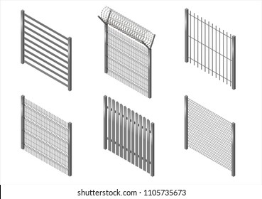 Set Of Metal Fences, Borders And Walls In An Isometric View. Mesh, Barbed Wire. Vector Graphics