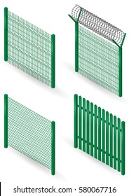 Set Of Metal Fences, Borders And Walls In An Isometric View. Mesh, Barbed Wire. Vector Graphics