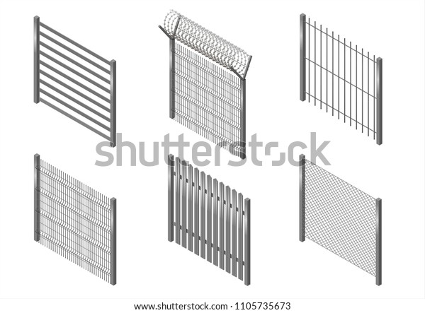 Set of metal fences, borders\
and walls in an isometric view. Mesh, barbed wire. Vector\
graphics