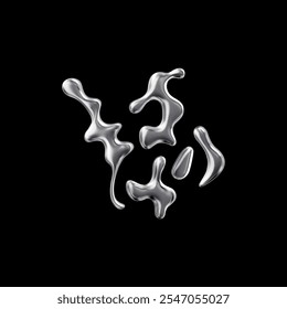Un conjunto de figuras metálicas con un efecto cromado suave. Gota líquida 3d. Forma Abstractas. Gradiente de plata. Superficie brillante y reflectante. Y2K. Ilustración vectorial aislada sobre fondo negro.