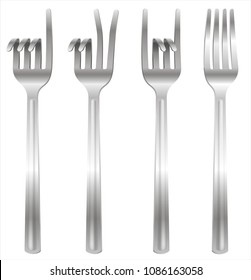 Set of metal forks bent in the form of gestures. Concept on a theme of meal