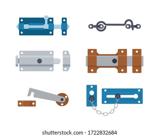 Juego de cerraduras metálicas de la puerta, tornillos de la puerta, ganchos y cadena. Hardware de seguridad de acero. Ilustración vectorial en estilo plano sobre fondo blanco.