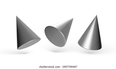 Set of metal geometric cones isolated on white background. 3d geometric shapes objects. Render decorative figure for design. Vector illustration