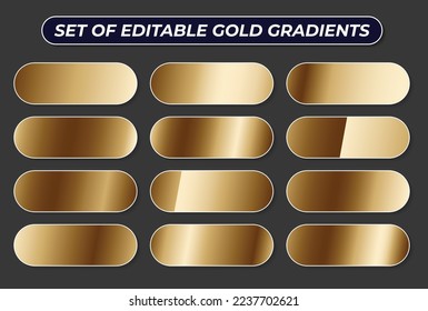 Set of metal gold gradient backgrounds, steel, iron, aluminum, tin, bronze, chrome colorful textures vector illustrations.
