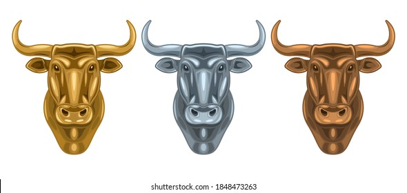 Set metal (gold, iron, bronze) heads of a bull isolated on a white background. Vector illustration cartoon style.