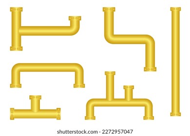 Conjunto de tubería de oro metálico, tubería industrial, diseño de tubería, ilustración vectorial.